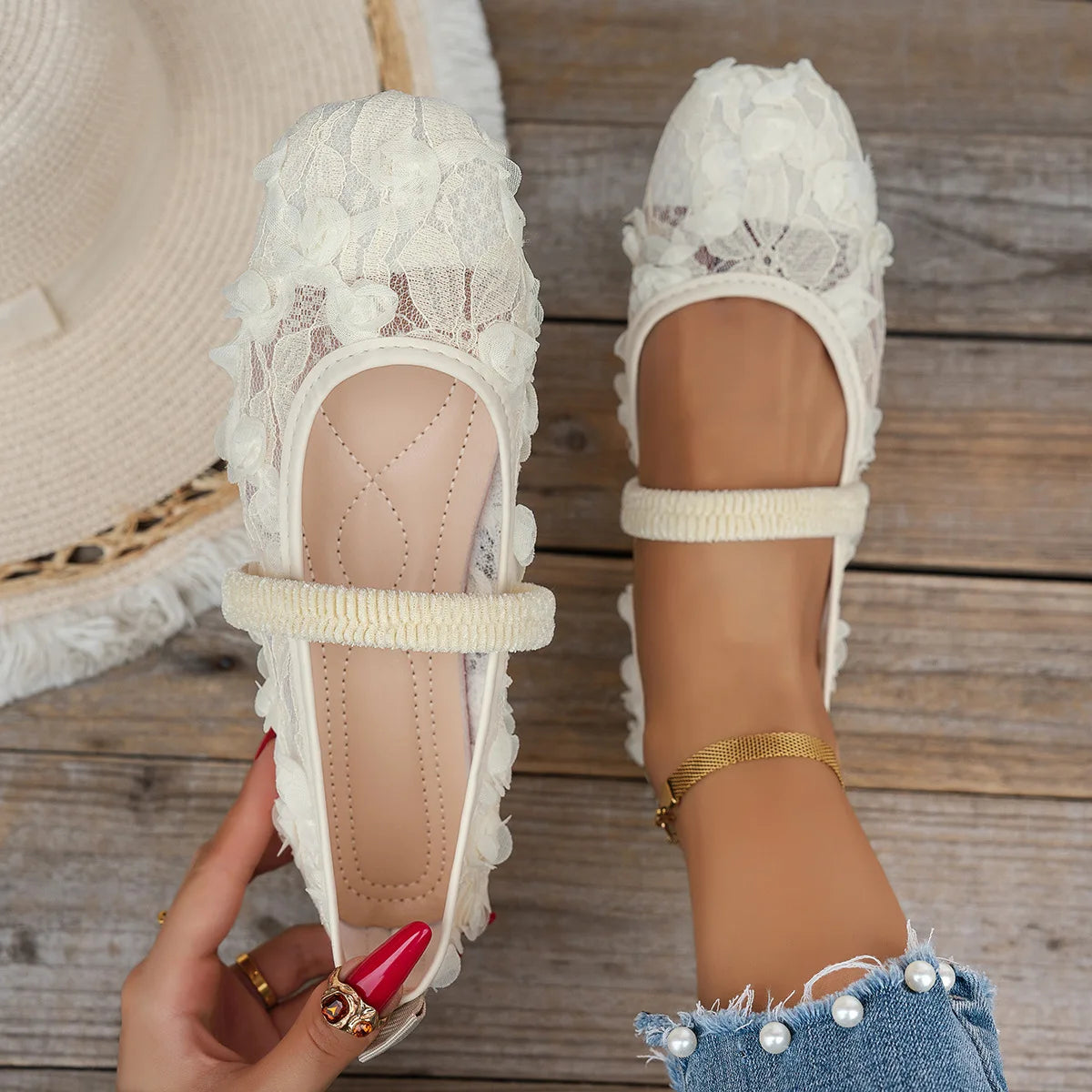 Plus Size 43 Women Fashion Ballet Flats Breathable Laces Square Toe Spring Summer Flat Shoes For Female Daily Walking Loafers