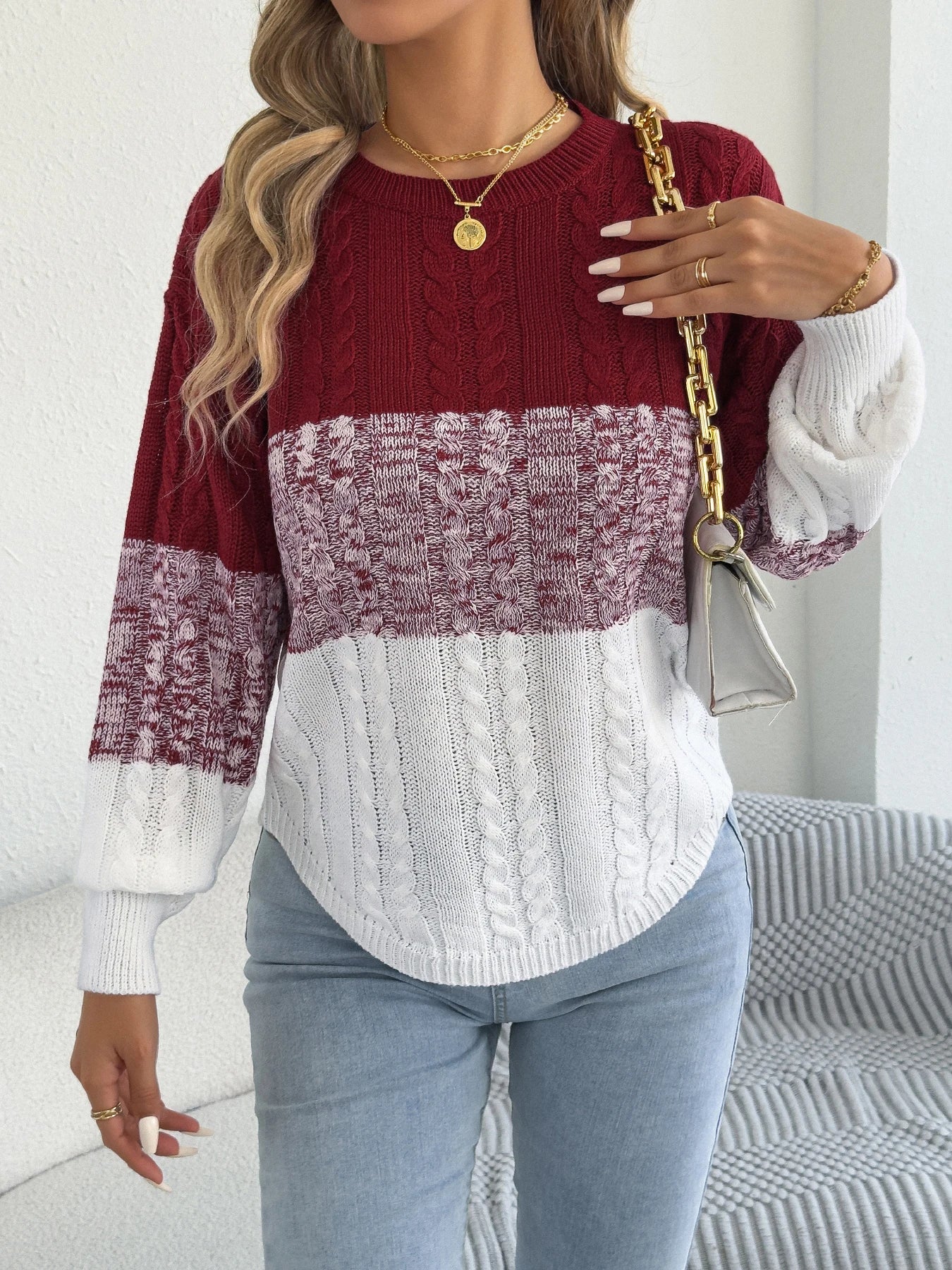 Woman Casual Color Block Striped Sweater Round Neck Lantern Long Sleeve Twist Knitted Tops for 2025 Autumn Winter Women Clothes