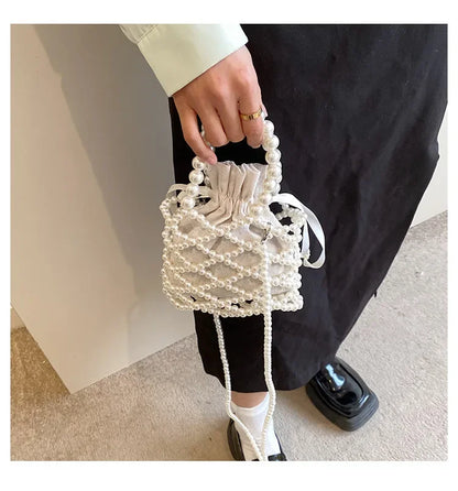 Women Pearl Bag Small Mini Tote Bucket Bag Woven Crossbody Hand Bags for Women Coin Purse Wallet Handbag Ladies Shoulder Bags