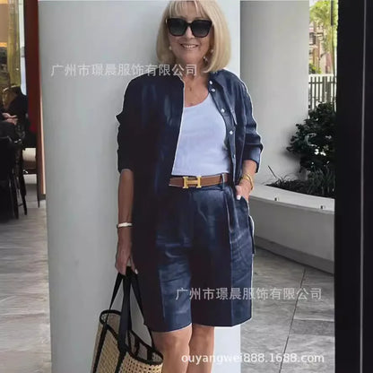 2026 Elegant 2-Piece Sets For Women Womens Cardigan Shirt Top Summer Solid Color Casual Shorts Two Piece New In Matching Sets
