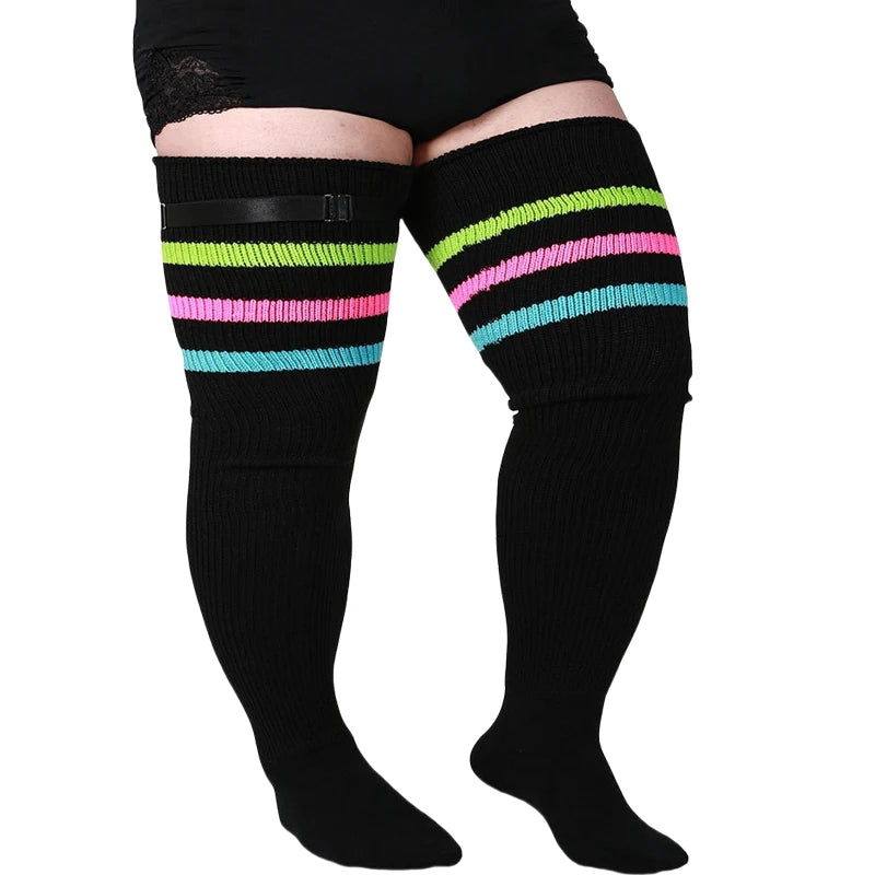 Women's Striped Plus Size Thick Thigh-High Socks Collection Big Girls Acrylic Yarn Stretch Colorful Streaks Leg Warmer Socks