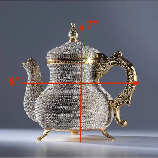 Handmade Gold Decorative Teapot Pitcher Turkish Moroccan Arabic Style, Crystal Embellished, 2.6 lb, 8x7, Ornate Zamak Kettle for