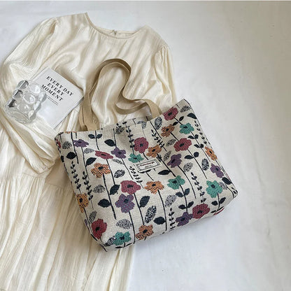 Stylish Corduroy Tote Bag for Women Bohemian Ethnic Style Shoulder Bag for Daily Commuting Shopper Office Worker College Student