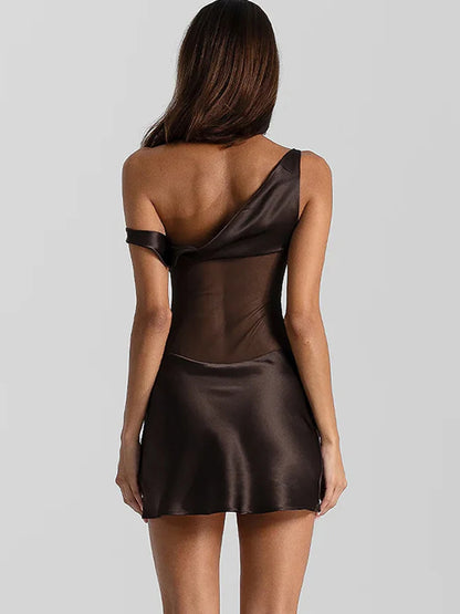Oniflyme Mesh Patchwork Satin Mini Dress Women Inclined Shoulder Backless Ruched Slim Party Outfits Sleeveless Bodycon Dresses