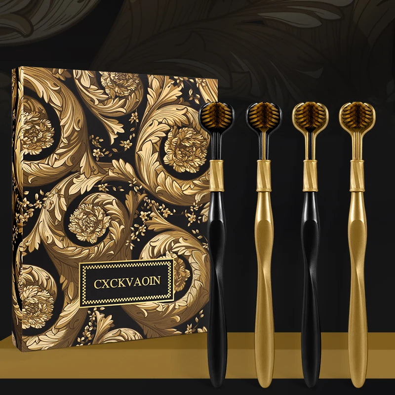 [4-pcs gift box] High-end black gold series three-sided brush head wrapped soft bristle toothbrush