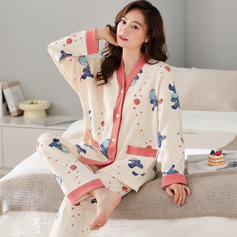 Autumn Women V-Neck Pajamas Sets Fashion Print Cotton Female Pyjamas Two Pieces Shirts + Pants Nighties Big Yards 5XL Sleepwear