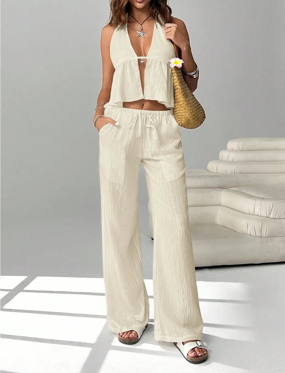 2026 Women's Summer Leisure Pants Outfits Fashion Solid Halter Tie-Up Backless Tank Tops Wide-Leg Pants 2 Pieces Set Streetwear