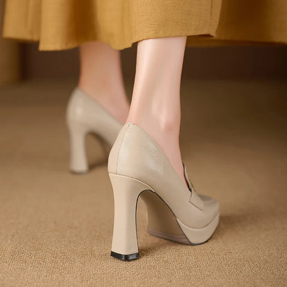 【JOCHEBED HU】Brand Genuine Leather Platform Shoes for Ladies Square Toes Women's Sewing Lines High Heels Leather