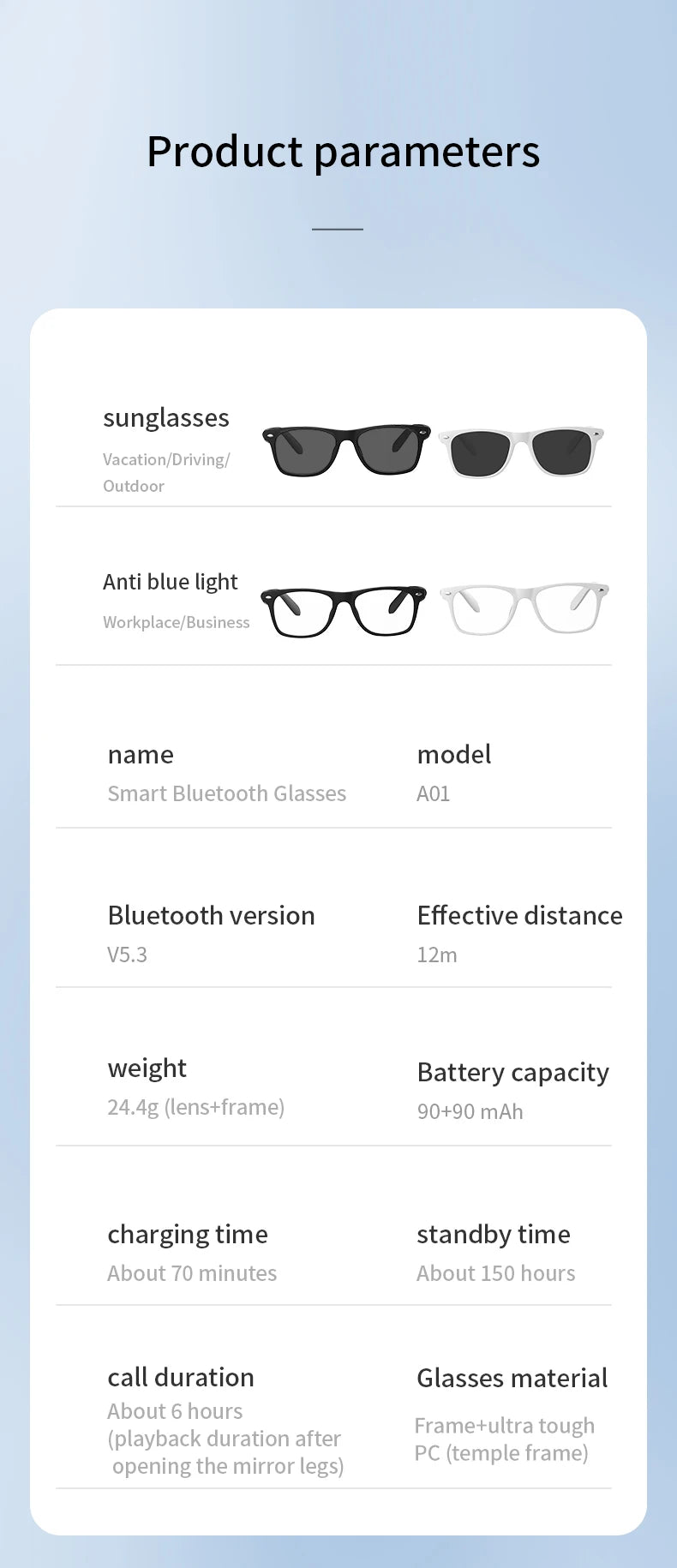Smart Translator Glasses Headphones Bluetooth Wireless Earphones Anti-Blue Light Sunglasses Hi-Fi Audio Headset for Music Travel