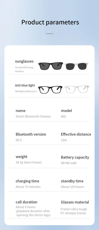 Smart Translator Glasses Headphones Bluetooth Wireless Earphones Anti-Blue Light Sunglasses Hi-Fi Audio Headset for Music Travel