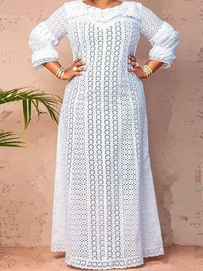 Womens White Lace Spring Dress Round Neck Vintage Beautiful Dresses Hollow Out Female Straight Gorgeous Dress Chic