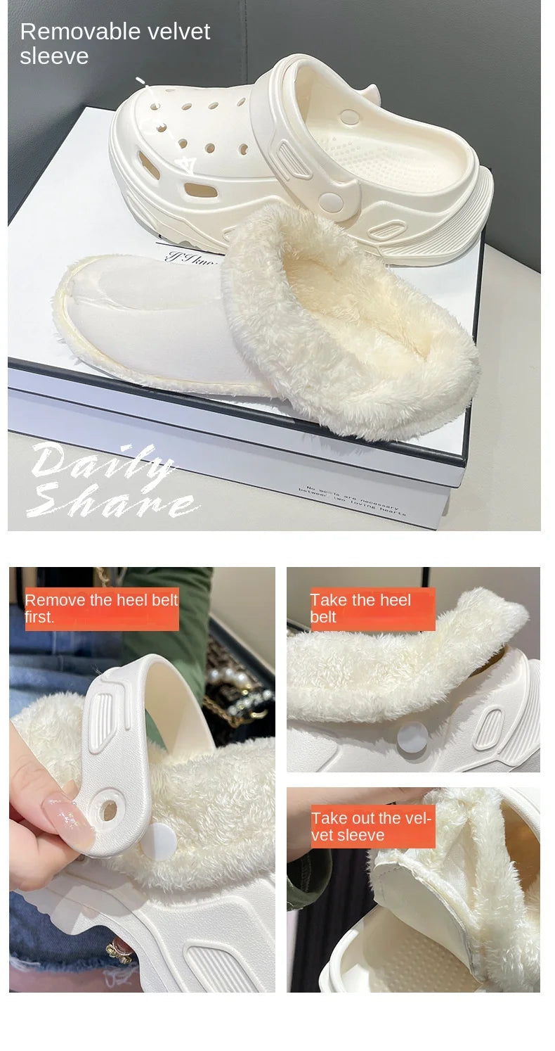Plush slippers 2025 new winter men's and women's thick high heels soft-soled beach garden shoes home plush ripped slippers