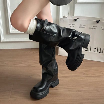 Women Double Buckle Slouch Knee High Boots Round Toe Platform Thick Sole Leather Tall Boots Street Casual Daily Ladies Boots
