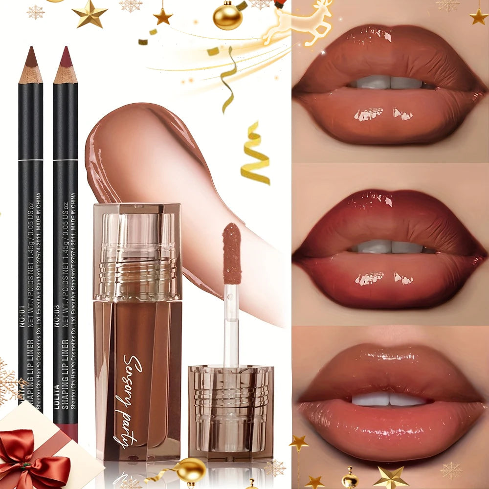 Moisturizing and waterproof lip gloss and lip liner pen set, non-stick and non-stick cup, bright makeup effect, Christmas gift