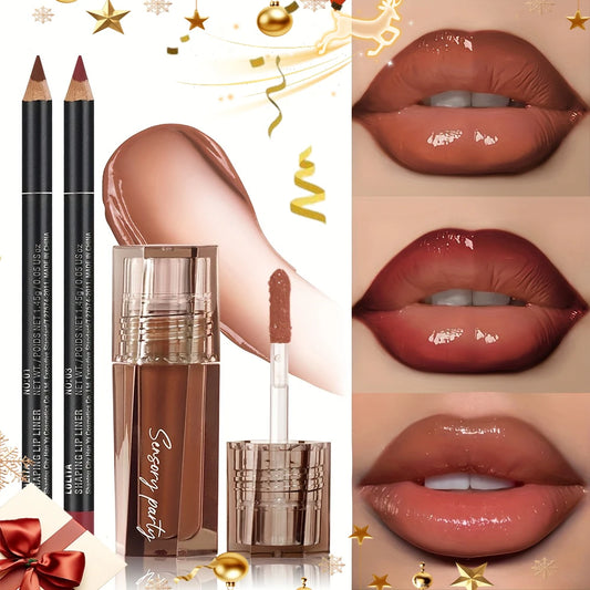 Moisturizing and waterproof lip gloss and lip liner pen set, non-stick and non-stick cup, bright makeup effect, Christmas gift