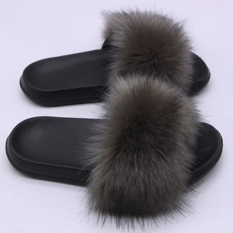 Women's  Faux Fox Fur Slides Fluffy Open Toe Slippers Indoor Outdoor Casual Flat Sandals Luxury Furry Slide Shoes for Ladies