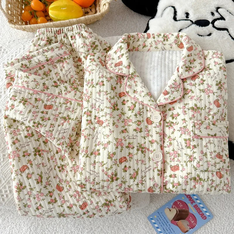 Striped Dog Print Korean Casual Loungewear for Women Sweet Cute Lapel Neck Women's Pajamas Set Autumn Winter New 2 PCS Sleepwear