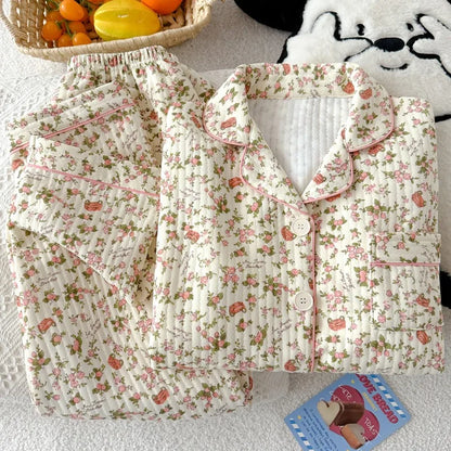 Striped Dog Print Korean Casual Loungewear for Women Sweet Cute Lapel Neck Women's Pajamas Set Autumn Winter New 2 PCS Sleepwear