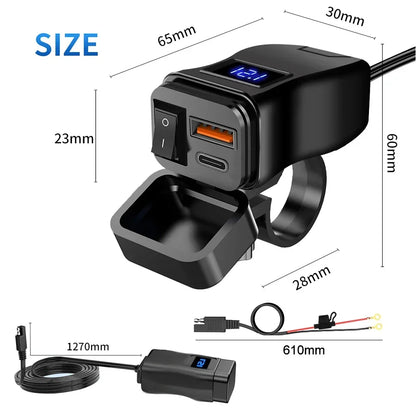 60W Motorcycle USB Fast Charger PD QC3.0 Power Supply Adapter Handlebar Dual USB Socket Waterproof with Switch Voltmeter