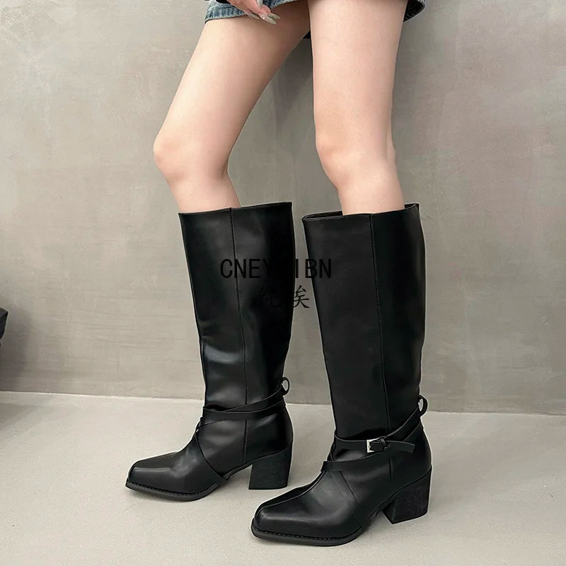 New Women Square Toe Cross Strap Buckle Knee High Boots Leather Chunky Heel Vintage Tall Boots Ladies Daily Commute Botas Mujer