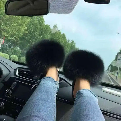 Fur Slippers Women Summer Fluffy Plush Casual Fluffy Flat Non-Slip Real Fox Fur Slides Outdoor Flat Ladies Sandals Flip Flops