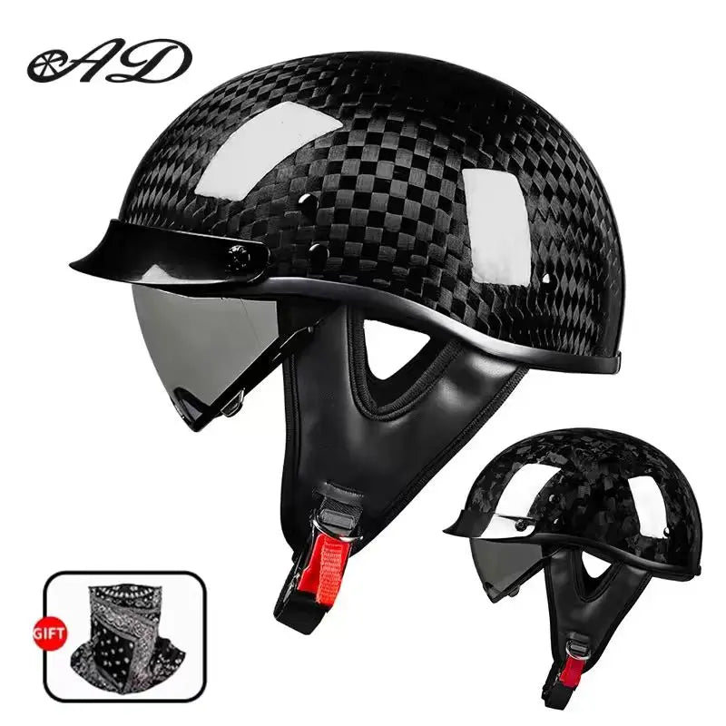    Best Seller Carbon Fiber Retro Motorcycle Half Face Helmet with Comfortable Lining Protective Goggles Helmet Factory Wholesale