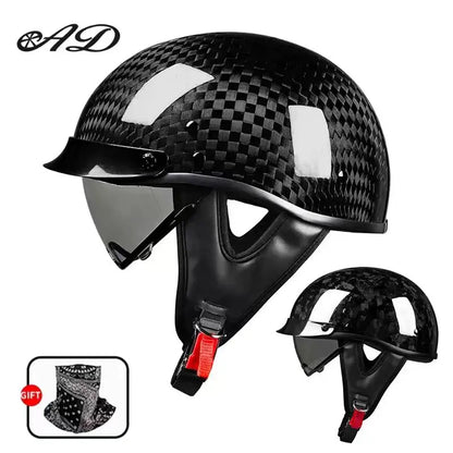    Best Seller Carbon Fiber Retro Motorcycle Half Face Helmet with Comfortable Lining Protective Goggles Helmet Factory Wholesale