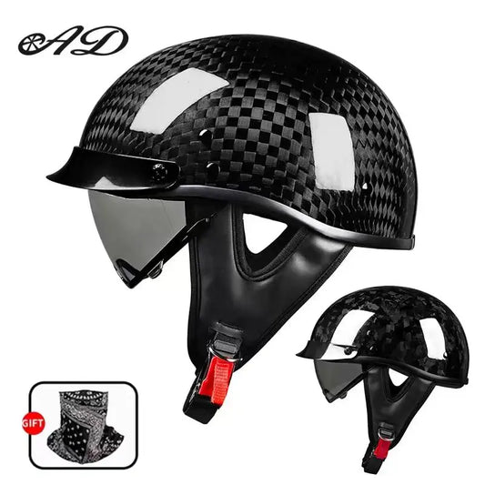    Best Seller Carbon Fiber Retro Motorcycle Half Face Helmet with Comfortable Lining Protective Goggles Helmet Factory Wholesale