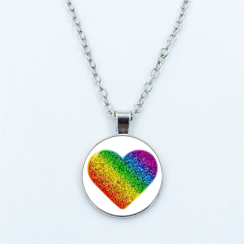 Rainbow Necklace LGBT Lesbian Gay Pride Rainbow Friendly Print Art Pattern Glass Cabochon Pendant Couple Chain Necklace Gift