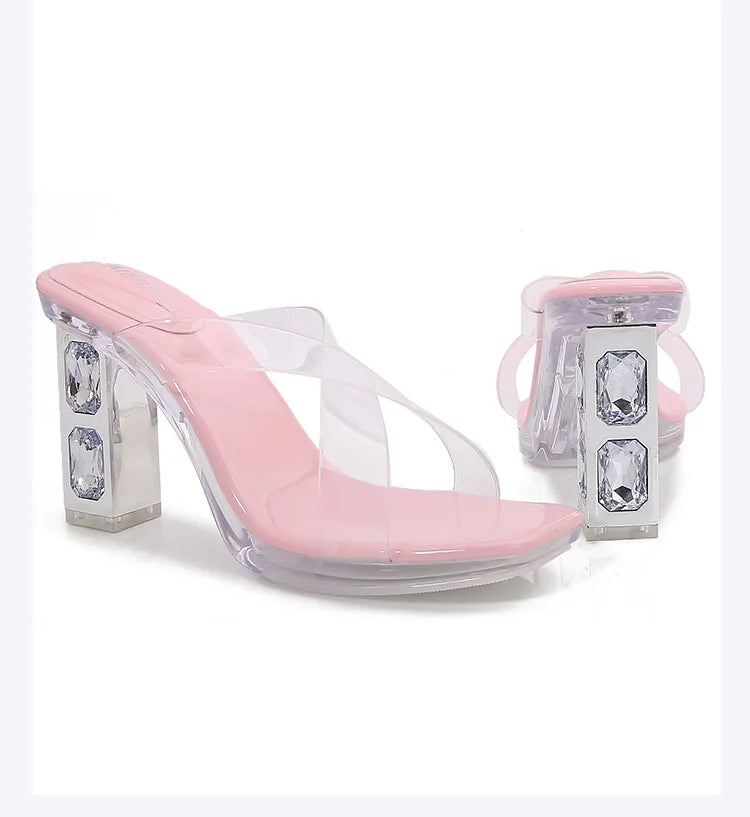 2025 Red High Heels 8cm Women Shoes Rhinestone Thick Heels Square Toe Ladies Pumps Cross Tie Straps Slippers Sandals Party Shoes