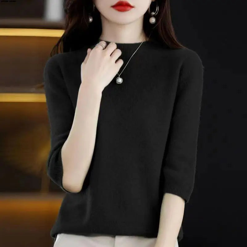 2026 New Soft Short Sleeve Women's Half High Neck Overhead Wool Blend Simple Loose Thin Seven Sleeve Woolen Sweater