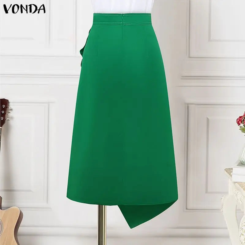 VONDA Plus Size 5XL Elegant Women Satin Skirts High Waist Button Pleated Asymmetrical Maxi Jupes Fashion Solid Long Faldas Saia