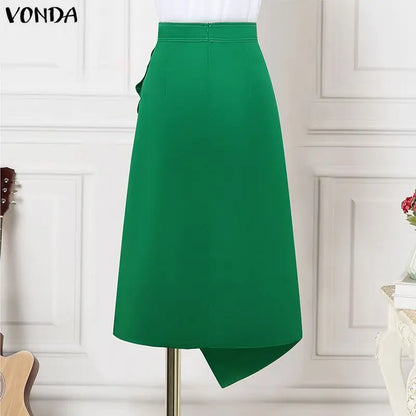 VONDA Plus Size 5XL Elegant Women Satin Skirts High Waist Button Pleated Asymmetrical Maxi Jupes Fashion Solid Long Faldas Saia