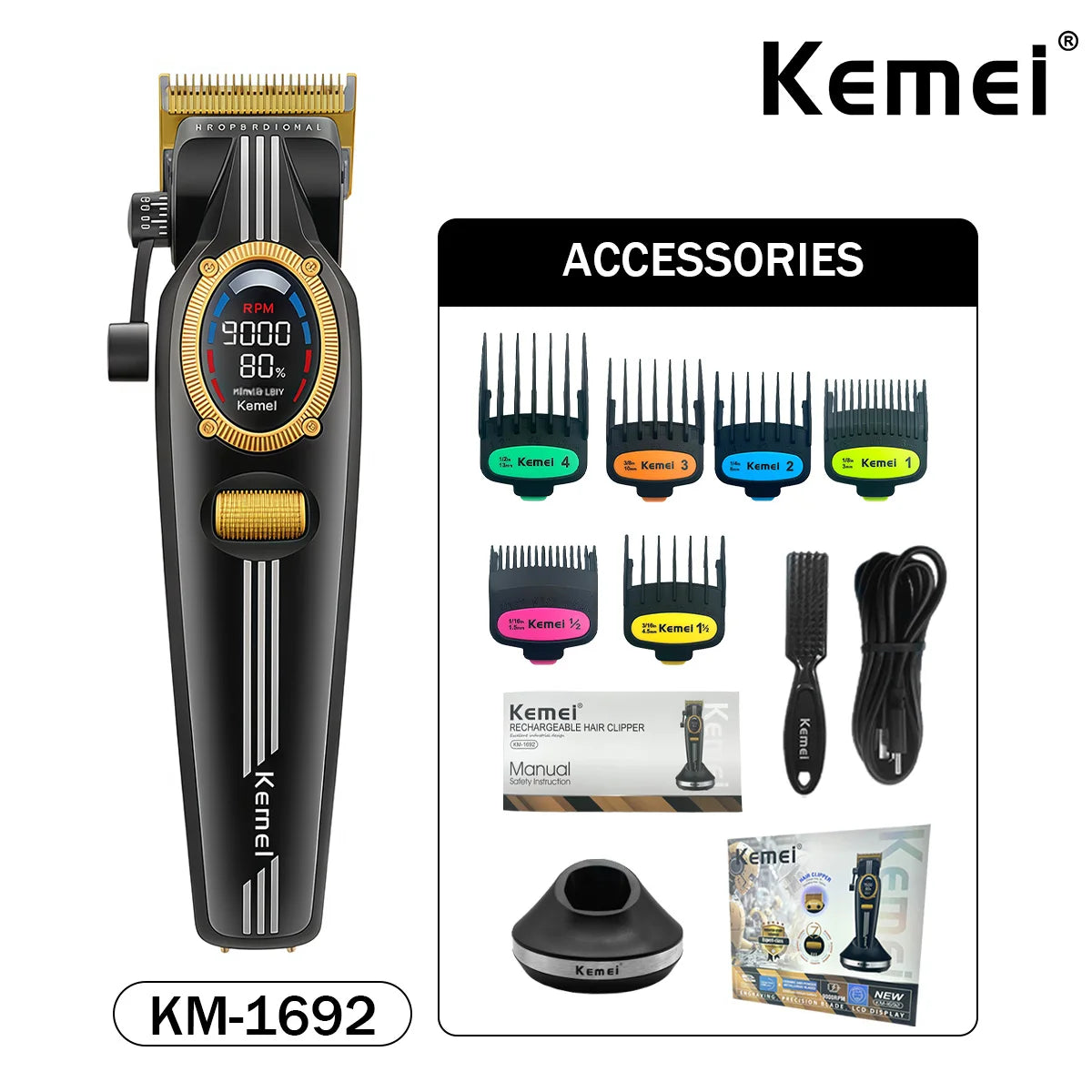 Kemei Trimmer Professional Hair Clippers Rechargeable Clippers 9000 RPM DLC Blade LCD Display Trimmer for Men KM-1685 KM-1692