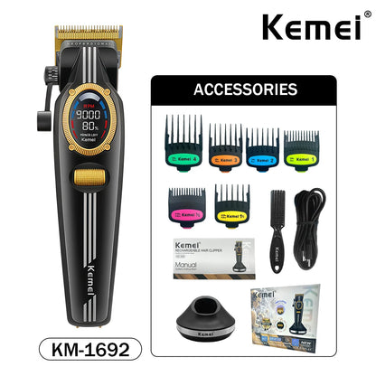 Kemei Trimmer Professional Hair Clippers Rechargeable Clippers 9000 RPM DLC Blade LCD Display Trimmer for Men KM-1685 KM-1692