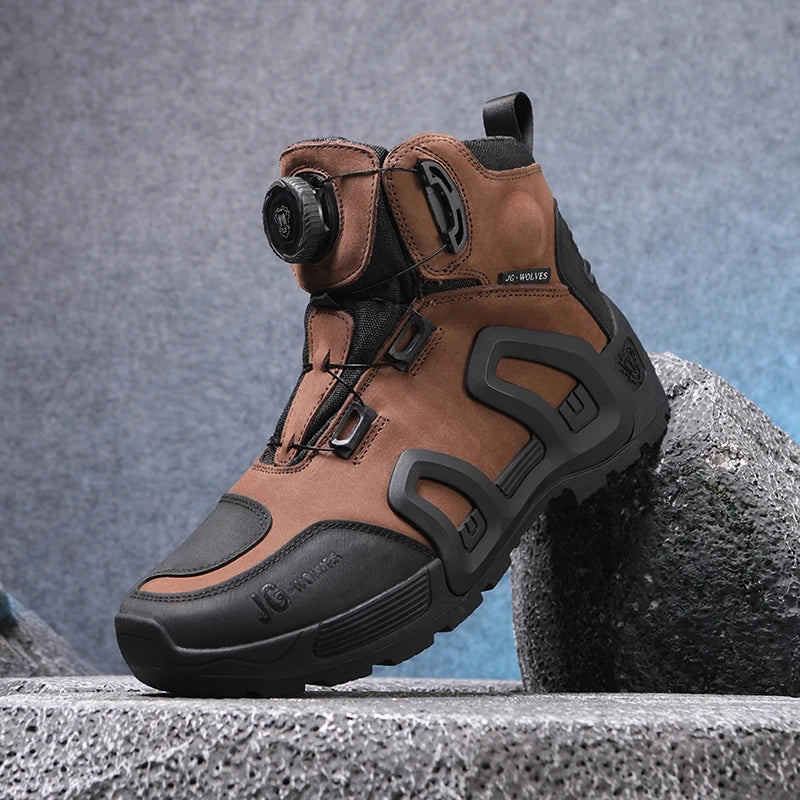 Men Motorcycle Riding Boots Waterproof Cowhide Leather Breathable Anti-Slip Wear-Resistant Street Moto Shoes