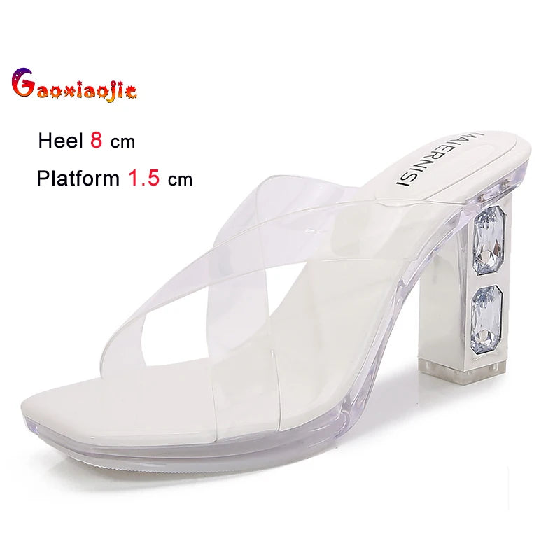2025 Red High Heels 8cm Women Shoes Rhinestone Thick Heels Square Toe Ladies Pumps Cross Tie Straps Slippers Sandals Party Shoes