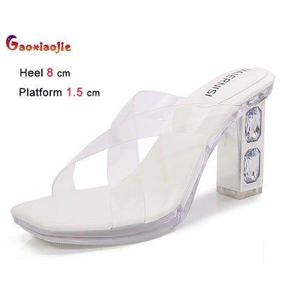 2025 Red High Heels 8cm Women Shoes Rhinestone Thick Heels Square Toe Ladies Pumps Cross Tie Straps Slippers Sandals Party Shoes