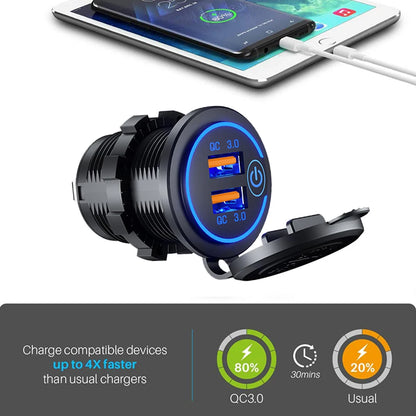 60W 2-port USB Fast Charging Socket Power Outlet Car Modified Charger QC3.0 With Touch Switch for Auto Motorcycle Accessories