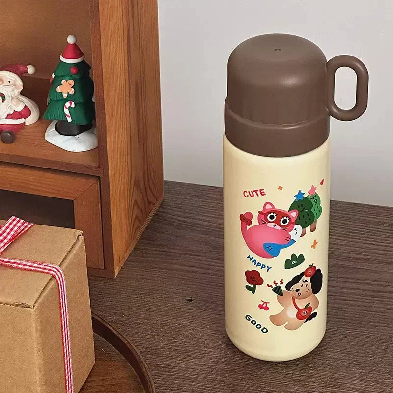 500ml Cartoon Stainless Steel Portable Thermos Cup,Cute Student Water Cup,Outdoor One Cover Dual-use Cup Vacuum Insulated Bottle