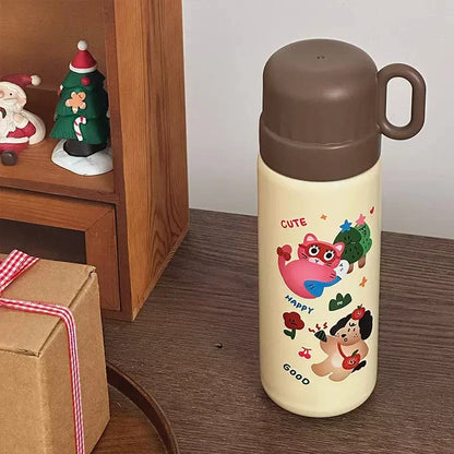 500ml Cartoon Stainless Steel Portable Thermos Cup,Cute Student Water Cup,Outdoor One Cover Dual-use Cup Vacuum Insulated Bottle