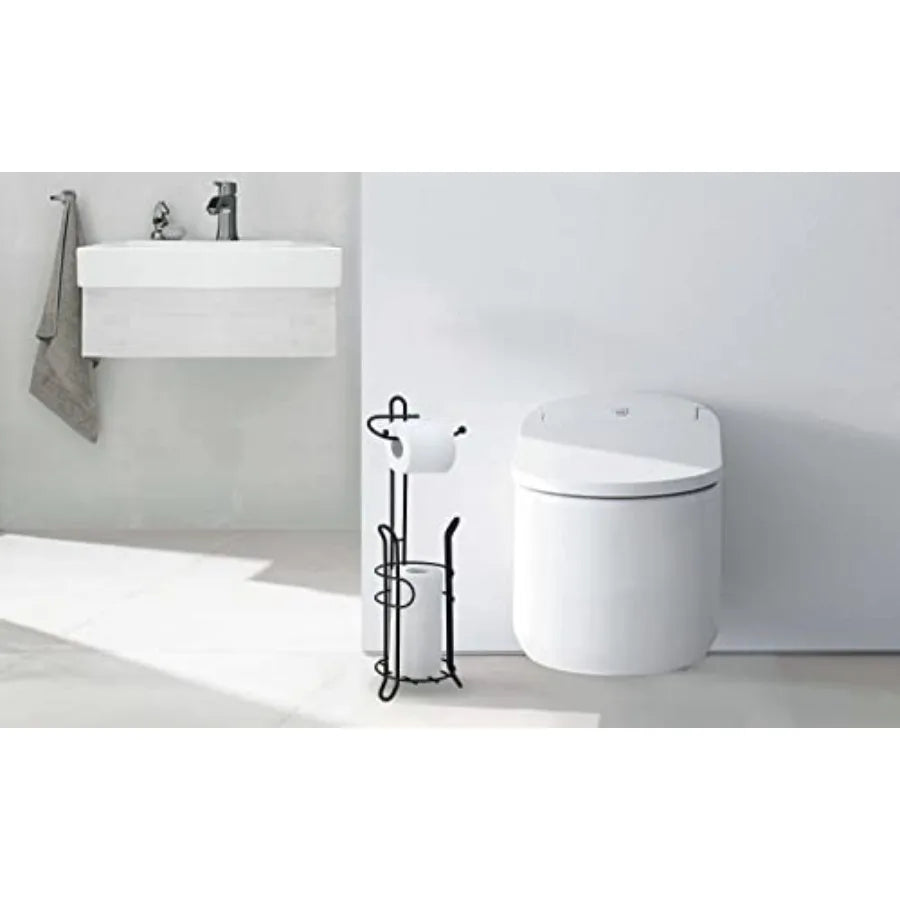 Freestanding Toilet Paper Holder with Storage Holds 3 Spare Rolls Heavy-Duty Steel Black Finish Easy Assembly Space-Saving Bath