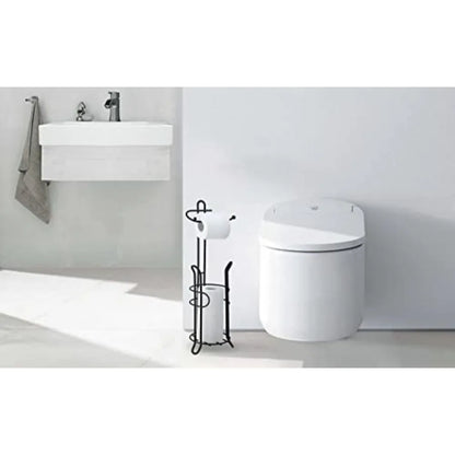 Freestanding Toilet Paper Holder with Storage Holds 3 Spare Rolls Heavy-Duty Steel Black Finish Easy Assembly Space-Saving Bath