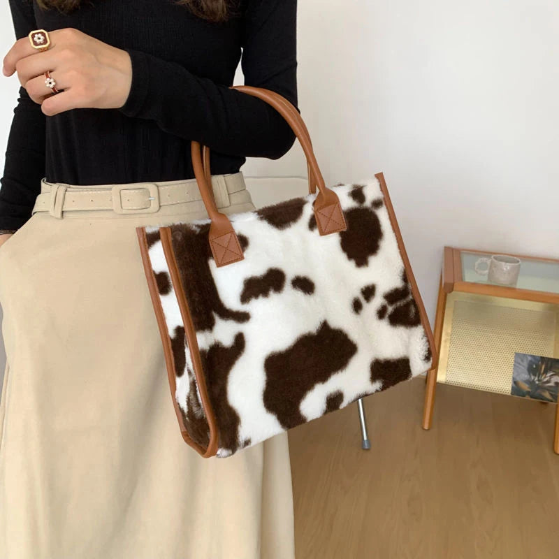 Winter Faux Fur ,Leopard Print Designer Shopper Totes, Fashion Soft Plush Women Shoulder Bags, Large Capacity Handbags and Purse