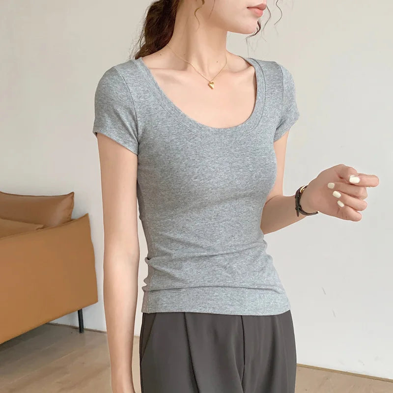 Cotton short sleeved women's T-shirt for summer, slim fit and slimming, versatile waist design, front shoulder, U-neck