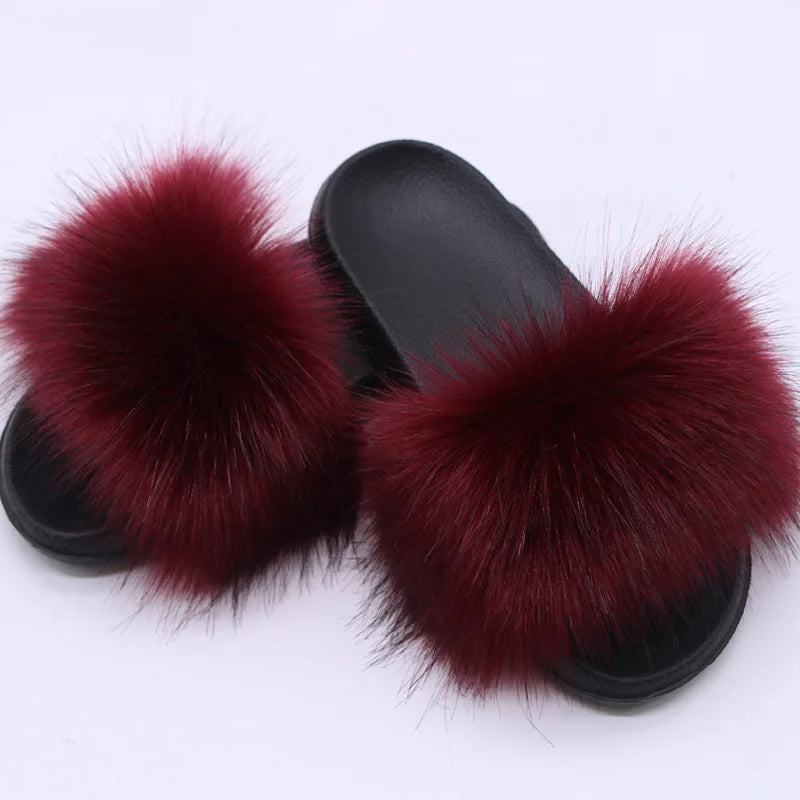 Women's  Faux Fox Fur Slides Fluffy Open Toe Slippers Indoor Outdoor Casual Flat Sandals Luxury Furry Slide Shoes for Ladies