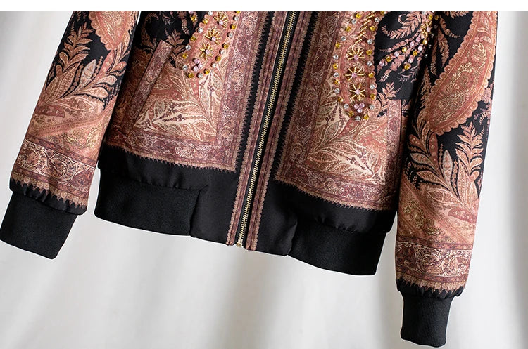 Luxury Rhinestone Stand Collar Bomber Jacket for Women, Vintage European Style Loose Fit Zip up Long Sleeve Spring Autumn Coat