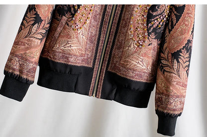 Luxury Rhinestone Stand Collar Bomber Jacket for Women, Vintage European Style Loose Fit Zip up Long Sleeve Spring Autumn Coat