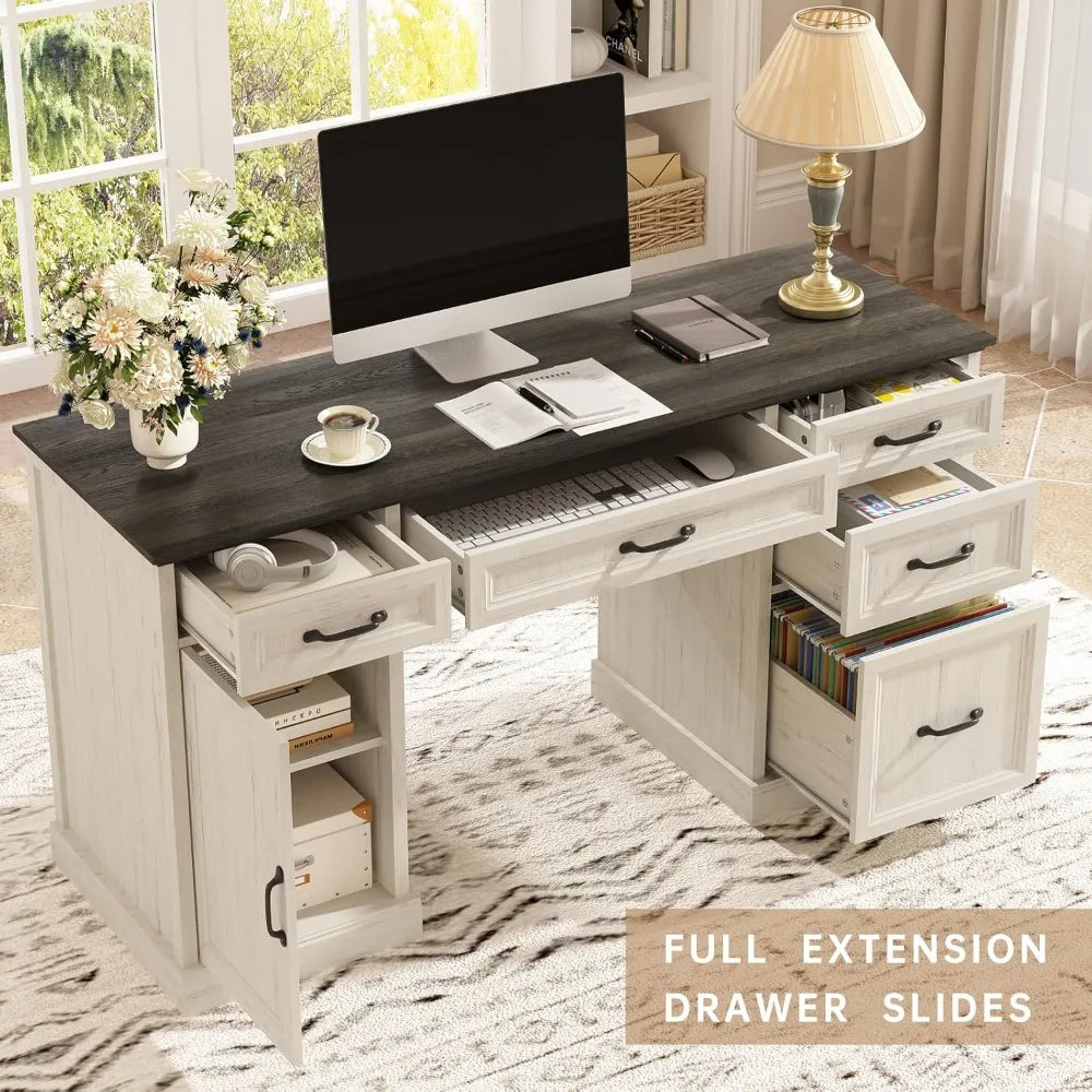58'' Farmhouse Executive Desk with Drawers, Home Office Desk with File Drawer and Storage Cabinet, Rustic Computer Desk