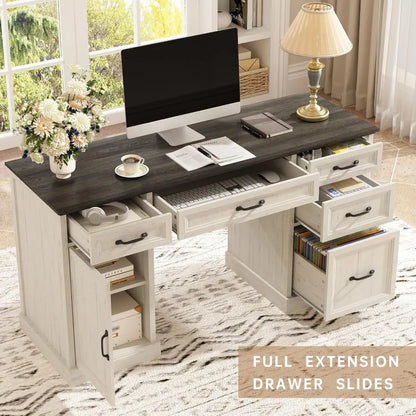 58'' Farmhouse Executive Desk with Drawers, Home Office Desk with File Drawer and Storage Cabinet, Rustic Computer Desk